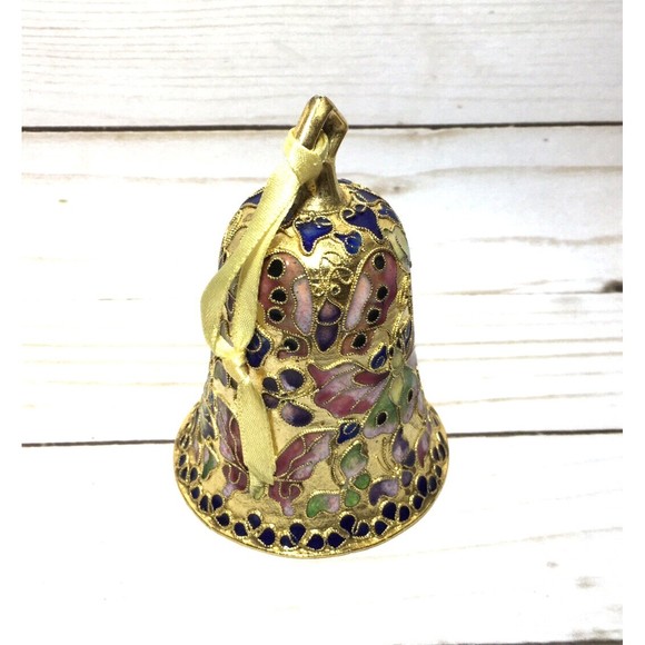 Vintage 1998 Cloisonné Enamel Bell Shaped Ornament Goldtone w/Butterflies - Picture 3 of 5